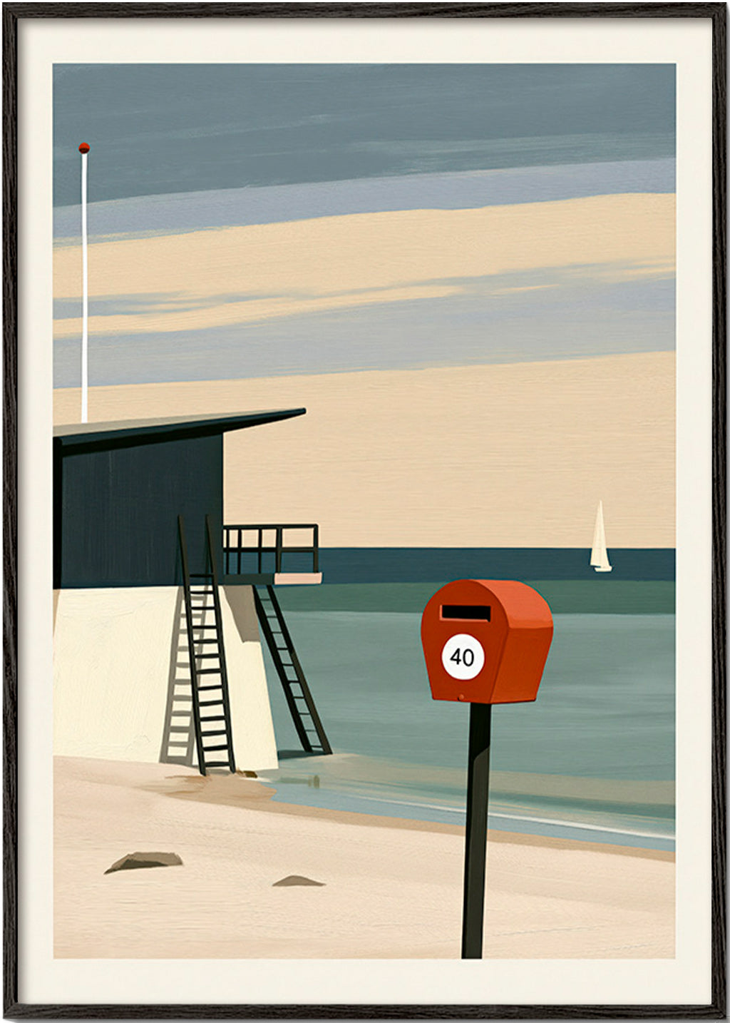 Cuadro de paisaje con puesto de vigilancia y buzón rojo – Black Frame