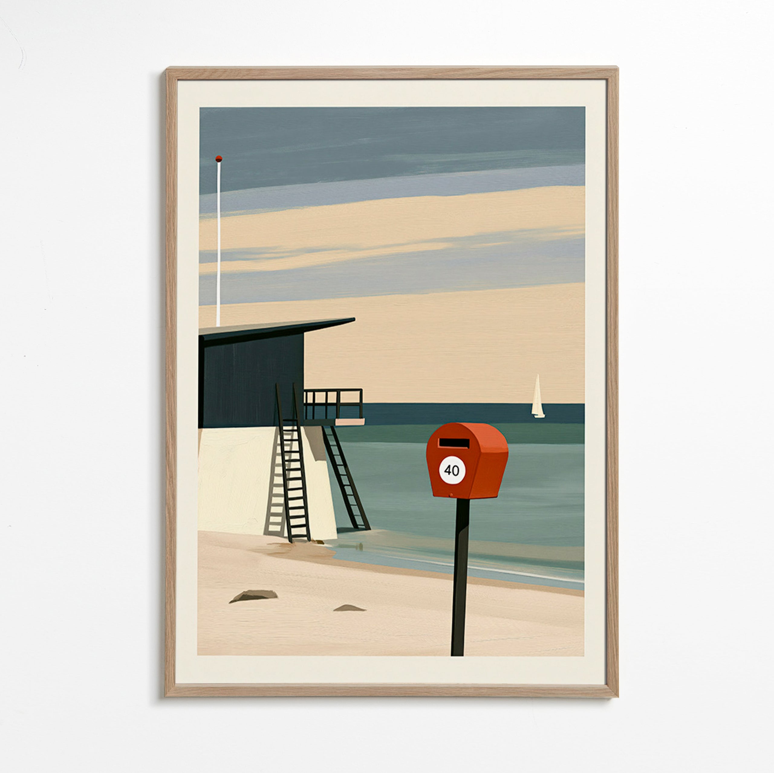 Cuadro de paisaje con puesto de vigilancia y buzón rojo – Oak Frame