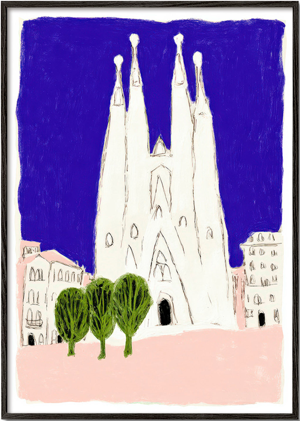 Cuadro de ciudades: Sagrada Familia nocturna ilustrada – Black Frame