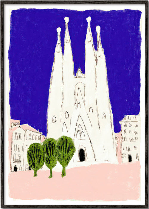 Cuadro de ciudades: Sagrada Familia nocturna ilustrada – Black Frame