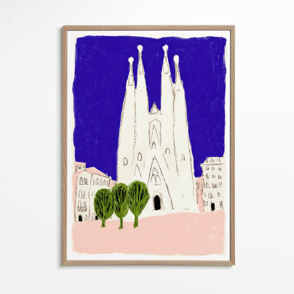 Cuadro de ciudades: Sagrada Familia nocturna ilustrada – Oak Frame