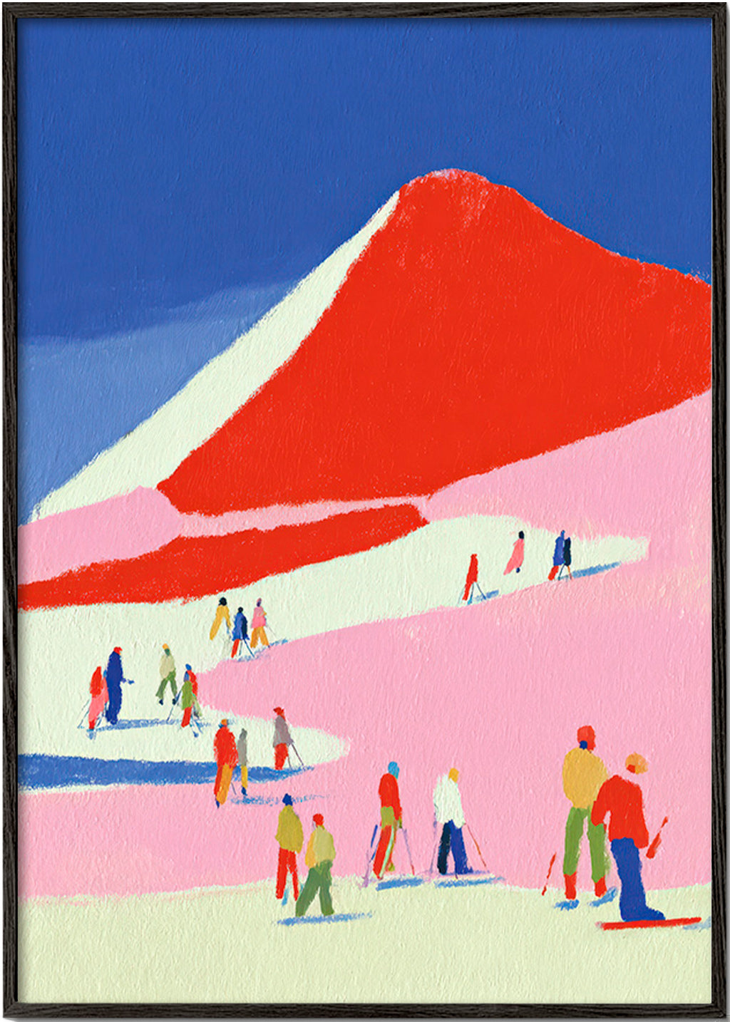 Cuadro de paisaje: montaña roja con esquiadores – Black Frame