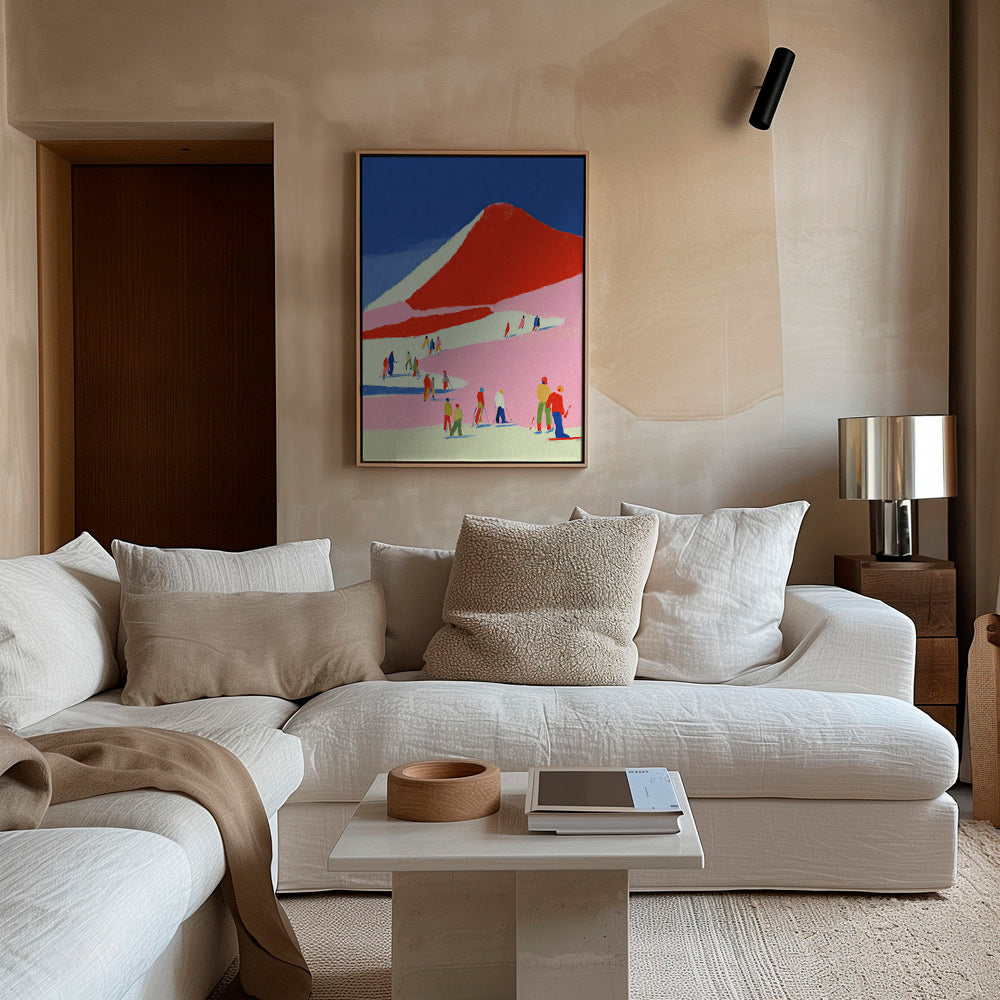 Cuadro de paisaje: montaña roja con esquiadores – Canvas1