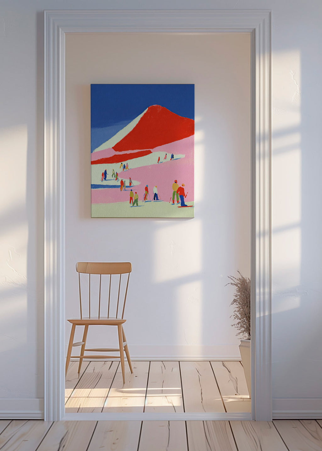 Cuadro de paisaje: montaña roja con esquiadores – Canvas