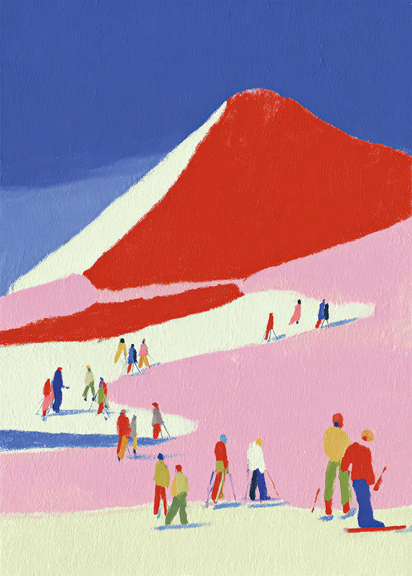 Cuadro de paisaje: montaña roja con esquiadores