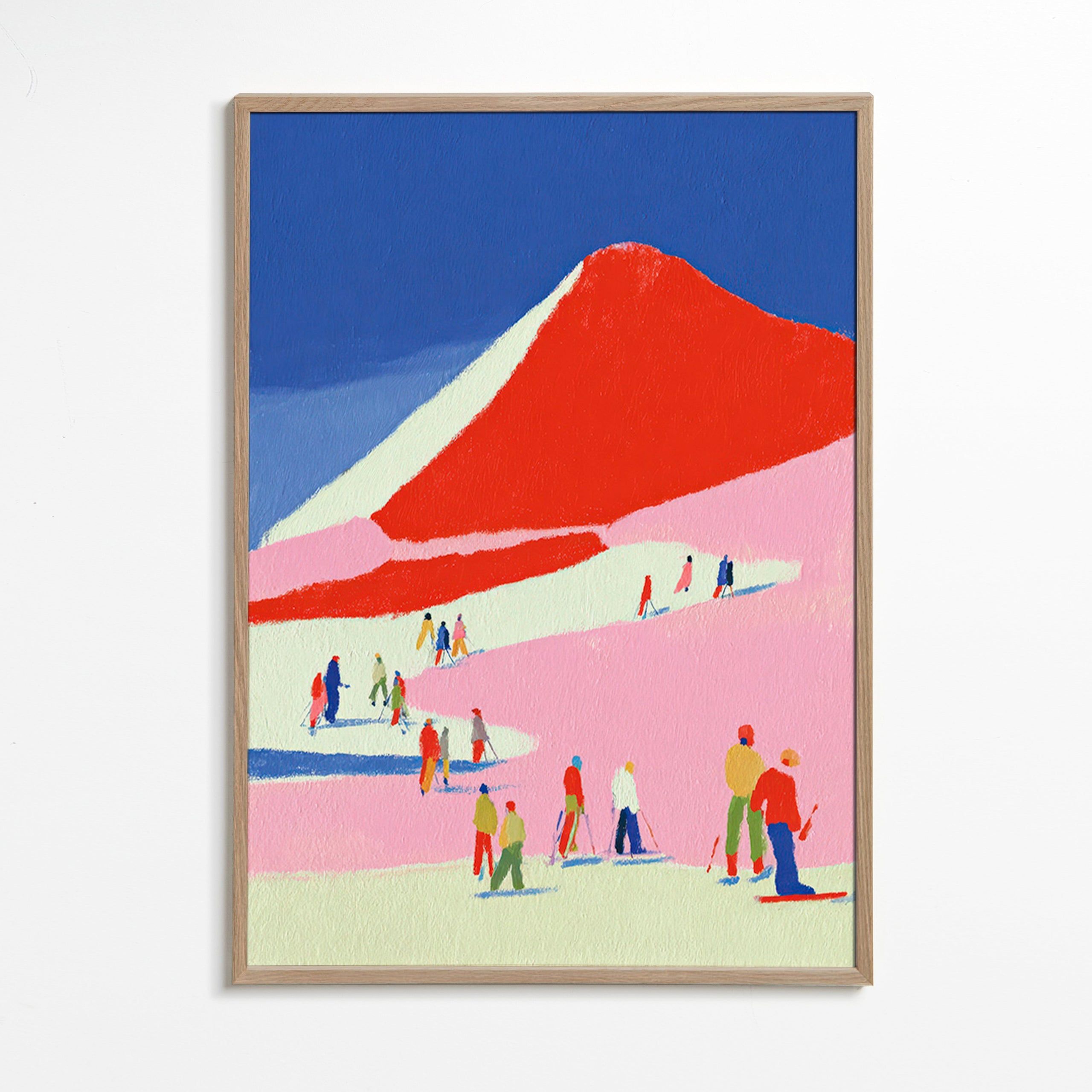 Cuadro de paisaje: montaña roja con esquiadores – Oak Frame