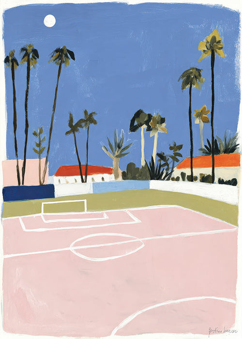 Cuadro deportivo con campo y palmeras