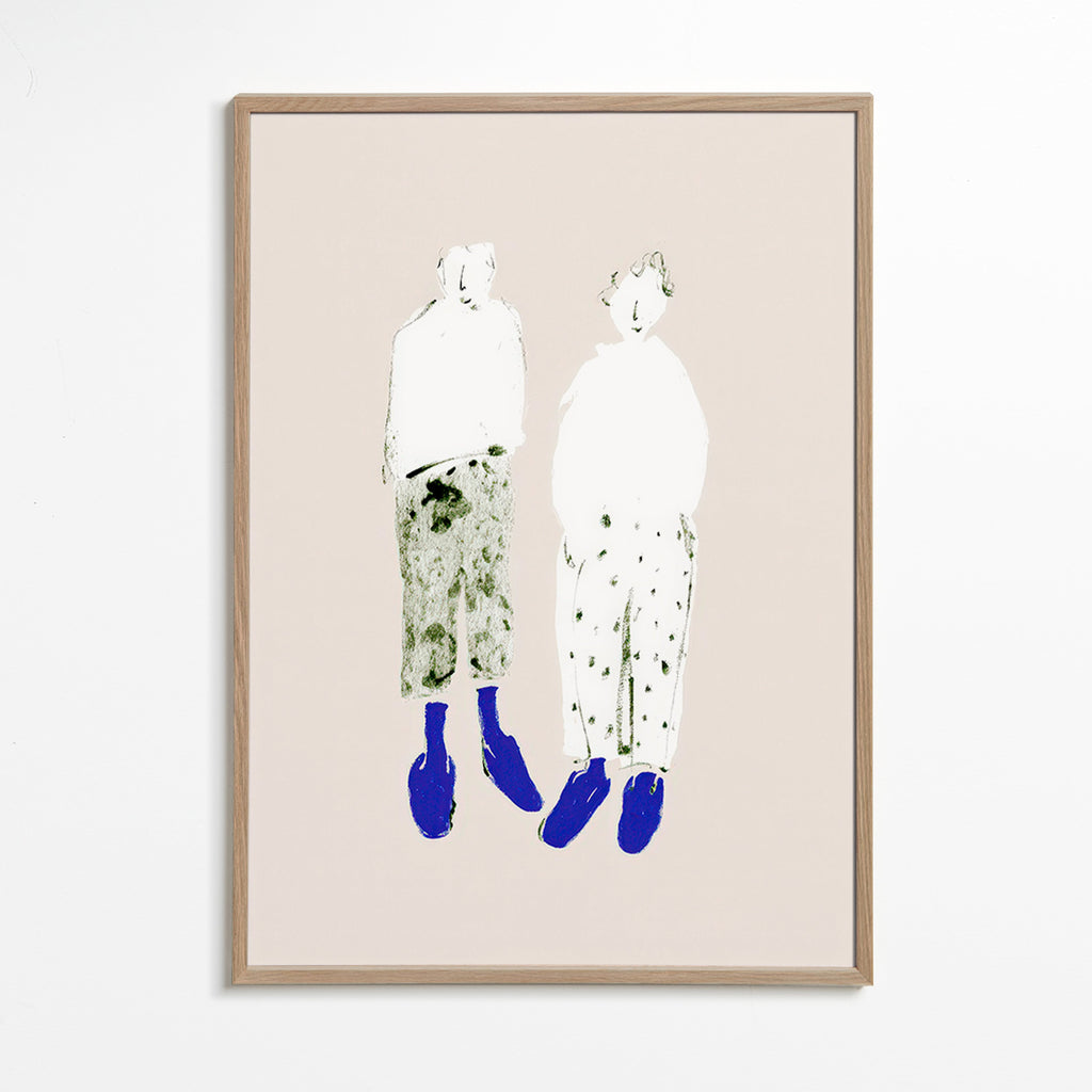Ilustración de pareja minimal con botas azules – Oak Frame