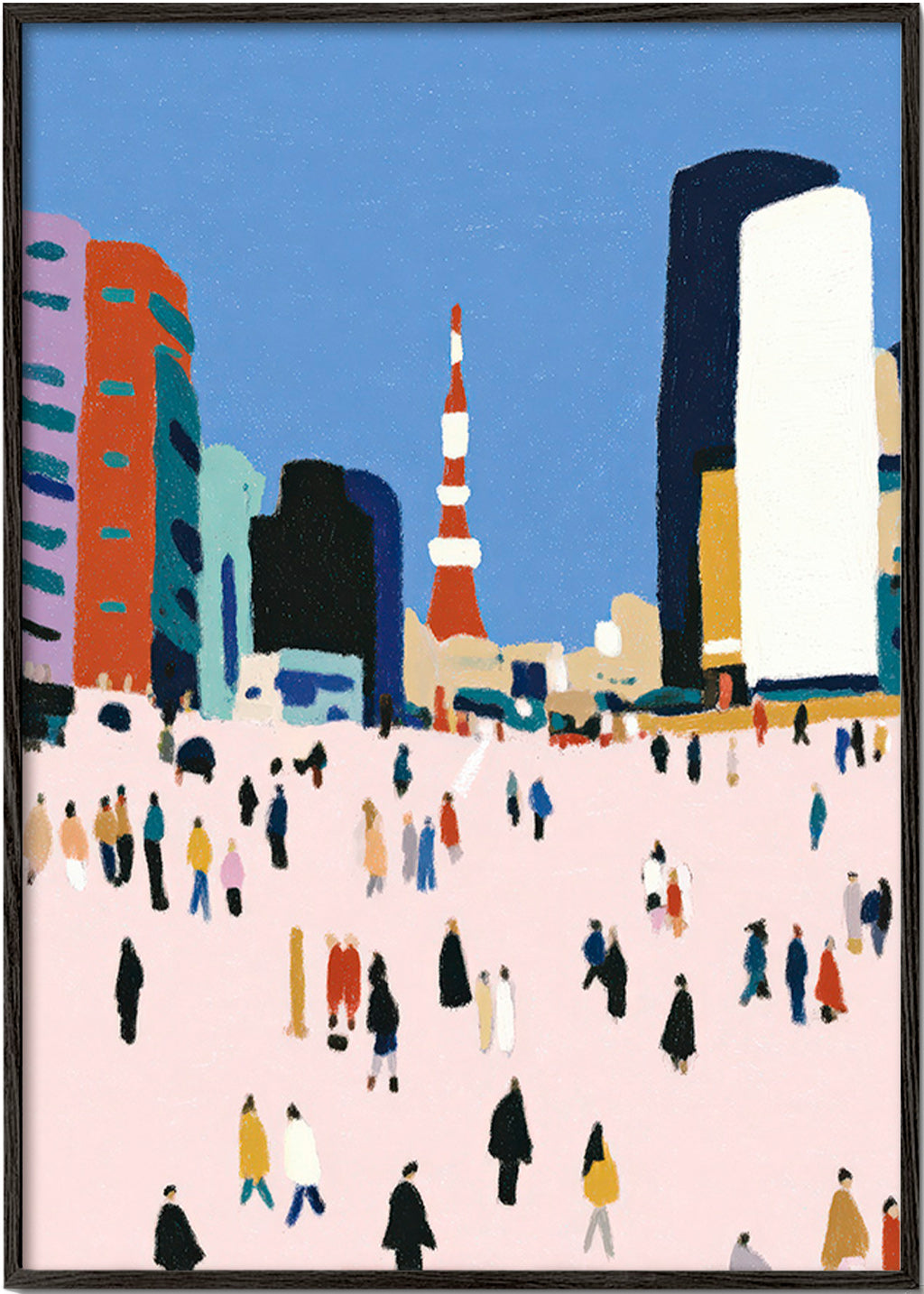 Cuadro de ciudades con multitud estilizada – Black Frame
