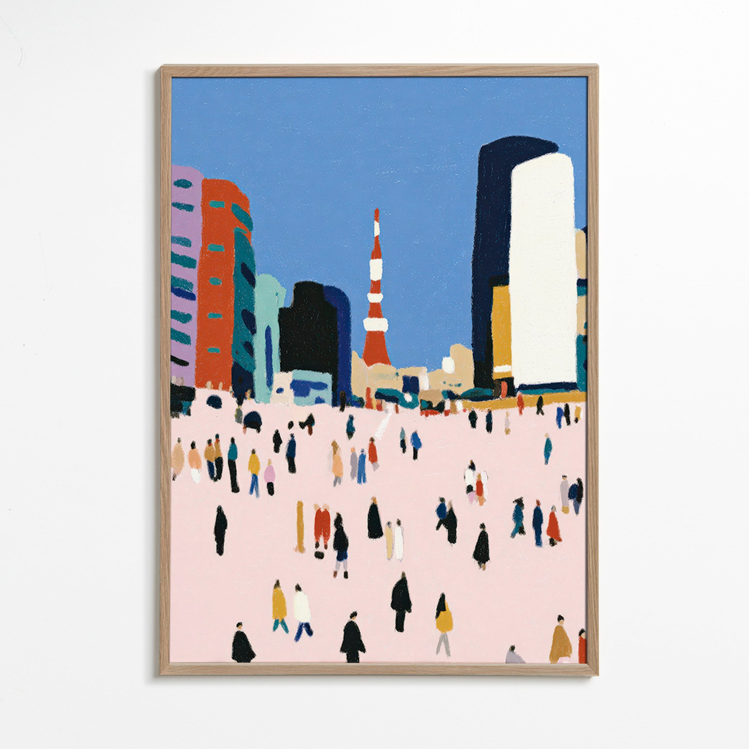 Cuadro de ciudades con multitud estilizada – Oak Frame