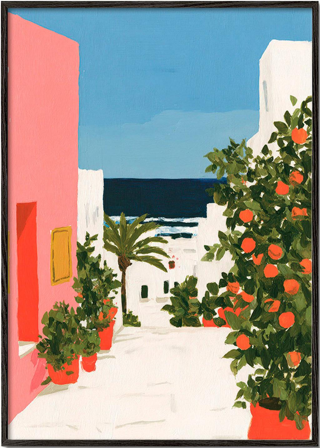 Cuadro de paisaje con naranjos en calle costera – Black Frame