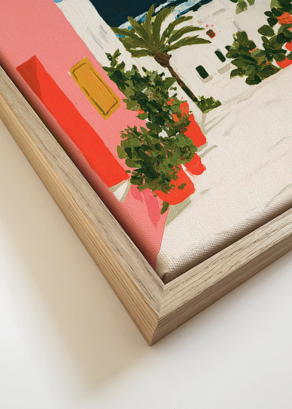 Cuadro de paisaje con naranjos en calle costera – Canvas detail