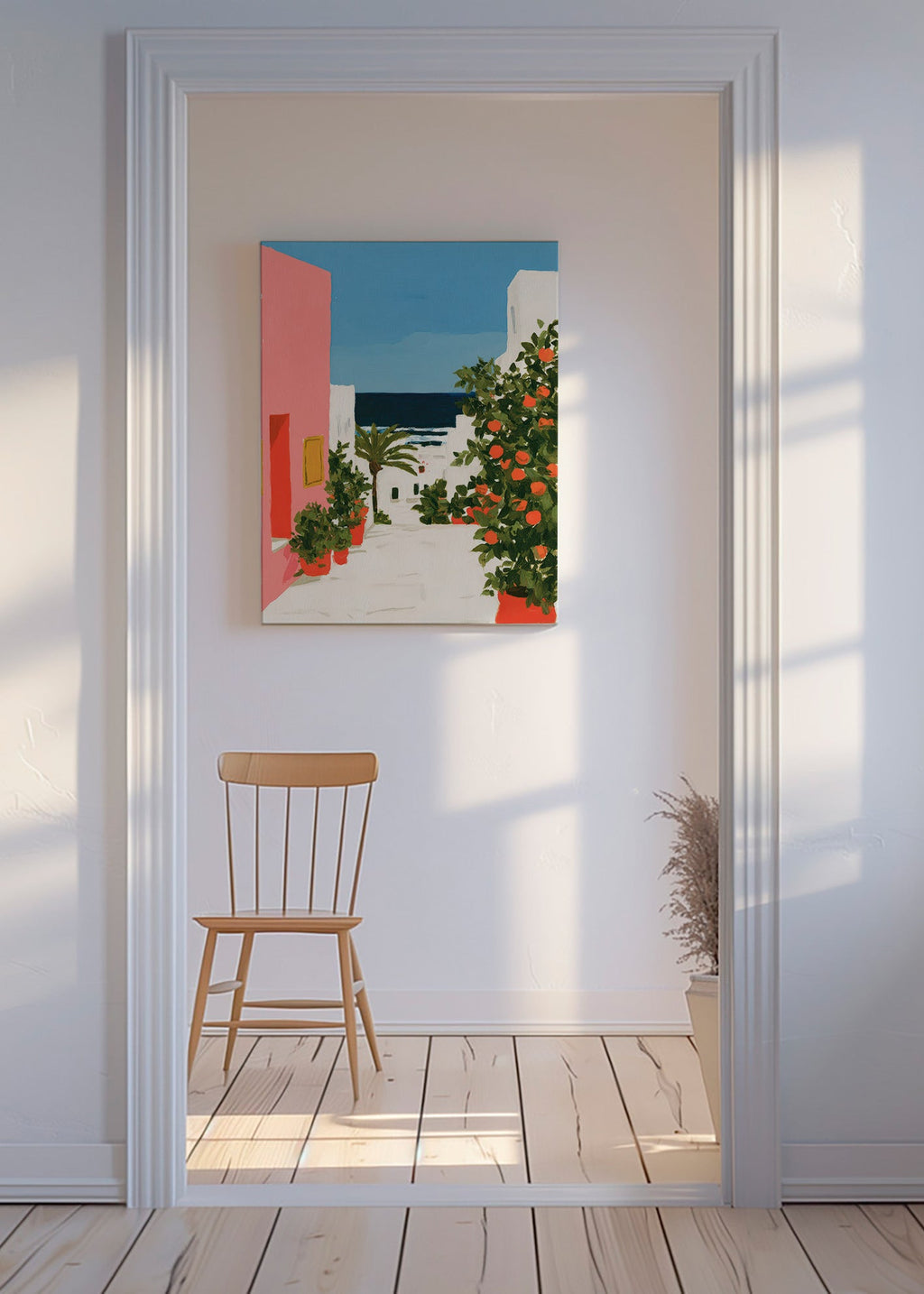 Cuadro de paisaje con naranjos en calle costera – Canvas