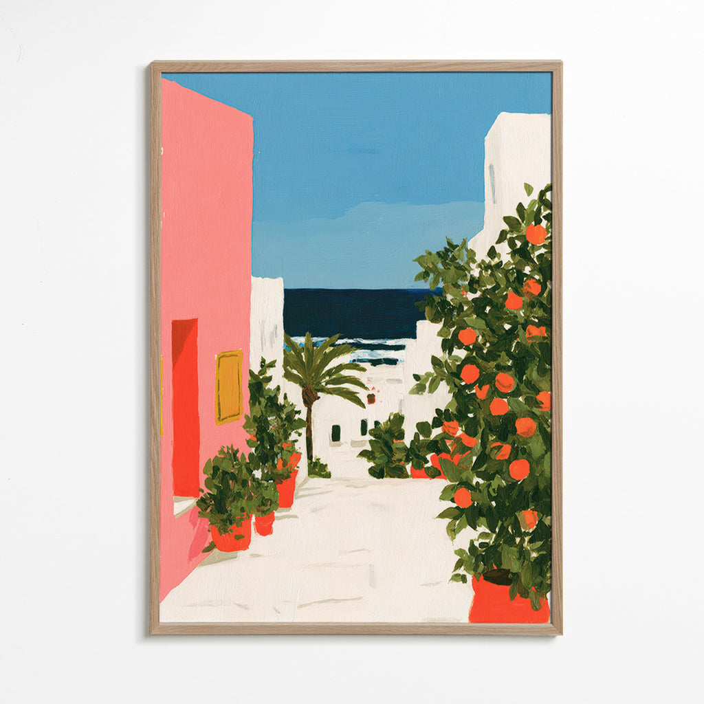 Cuadro de paisaje con naranjos en calle costera – Oak Frame