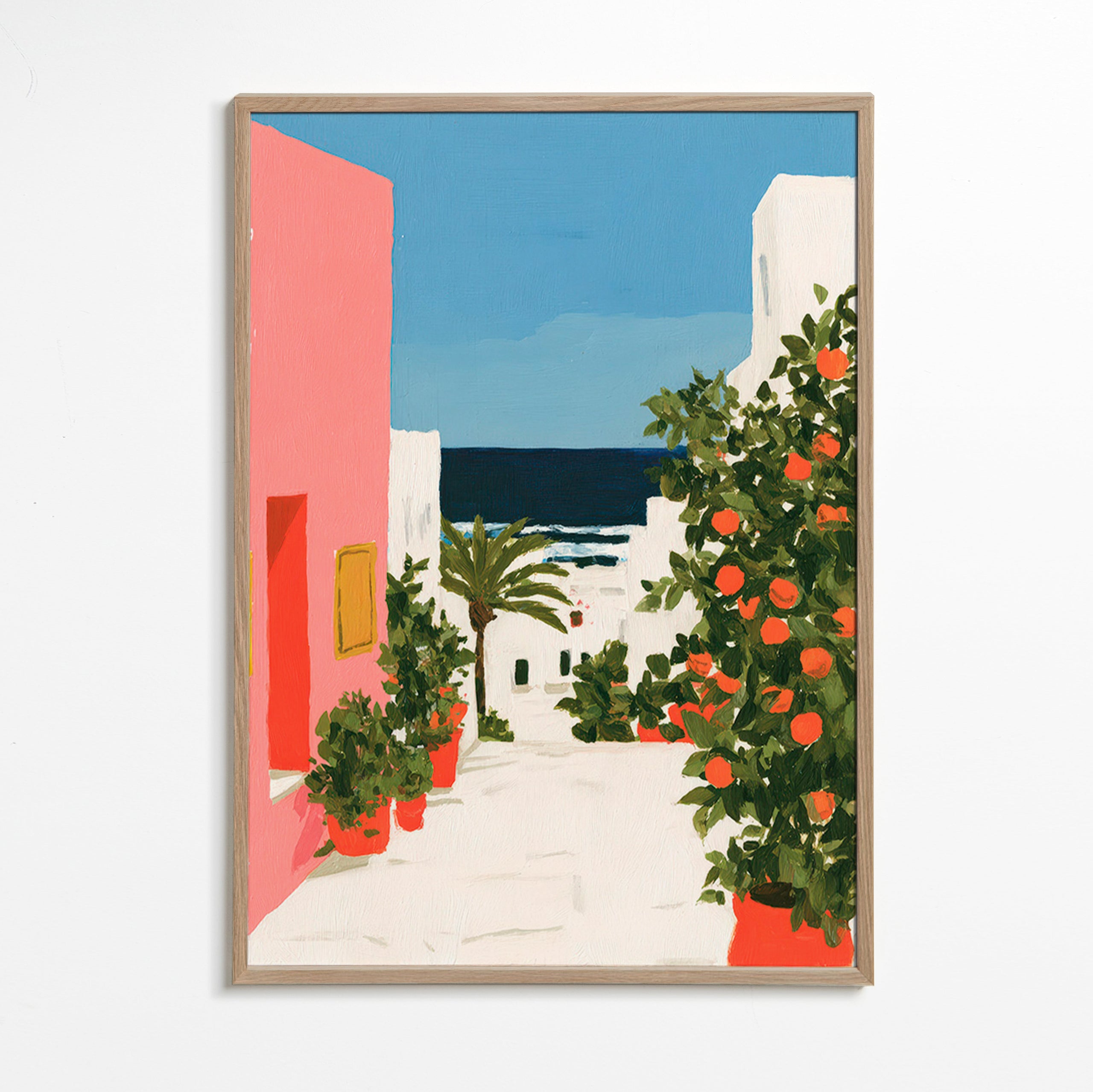 Cuadro de paisaje con naranjos en calle costera – Oak Frame