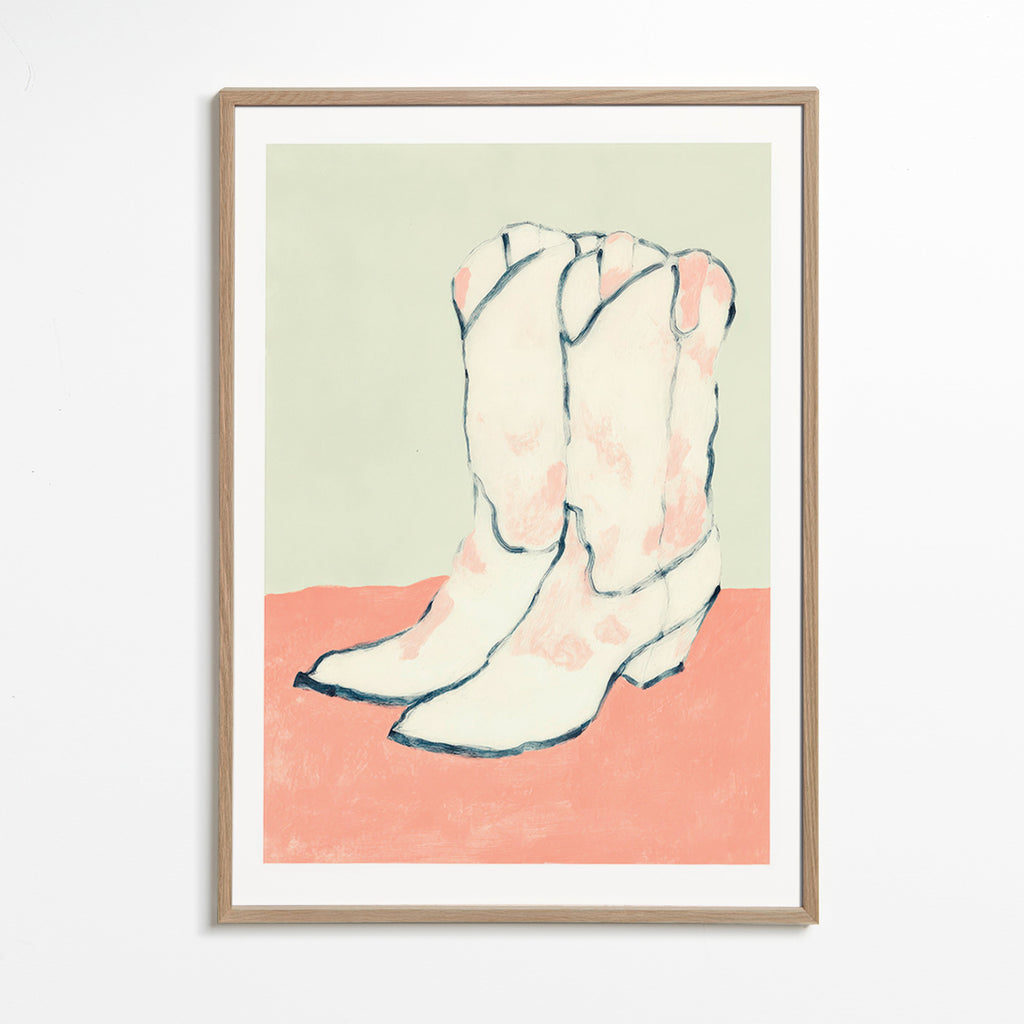 Ilustración botas blancas sobre fondo pastel – Oak Frame