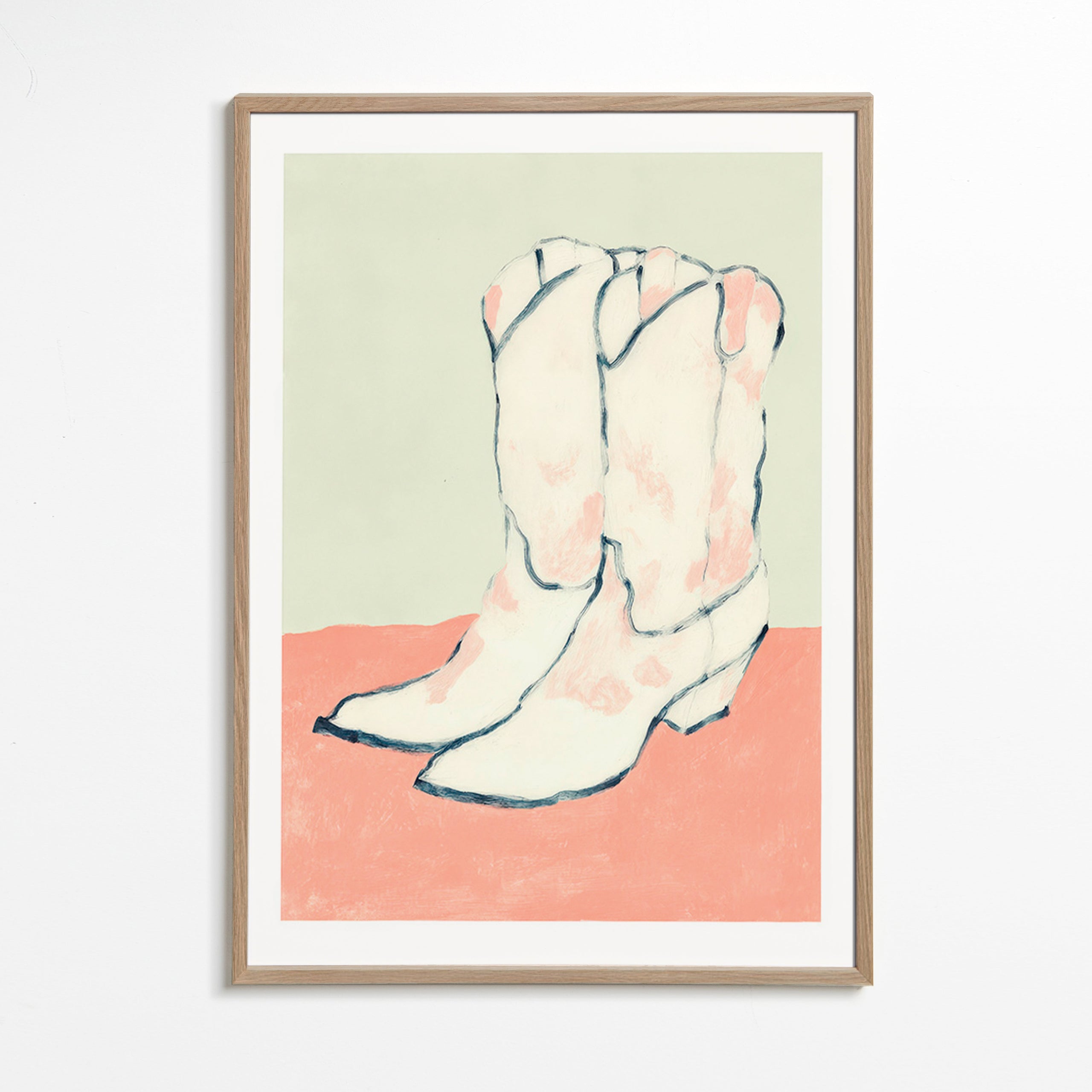 Ilustración botas blancas sobre fondo pastel – Oak Frame