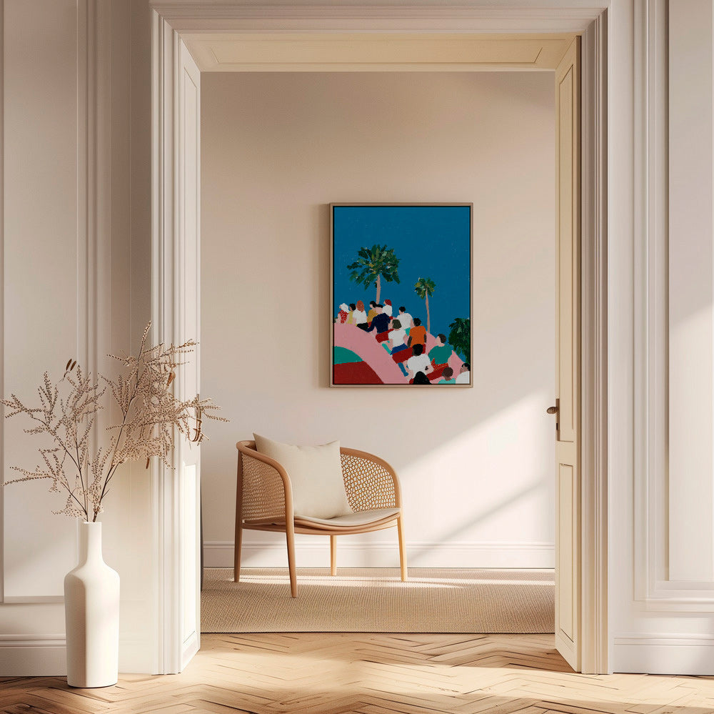 Ilustración de gente en atracción con palmeras – Canvas1