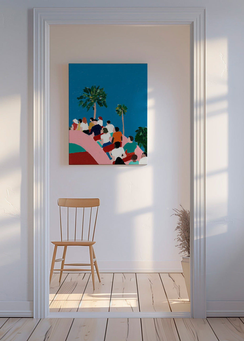 Ilustración de gente en atracción con palmeras – Canvas