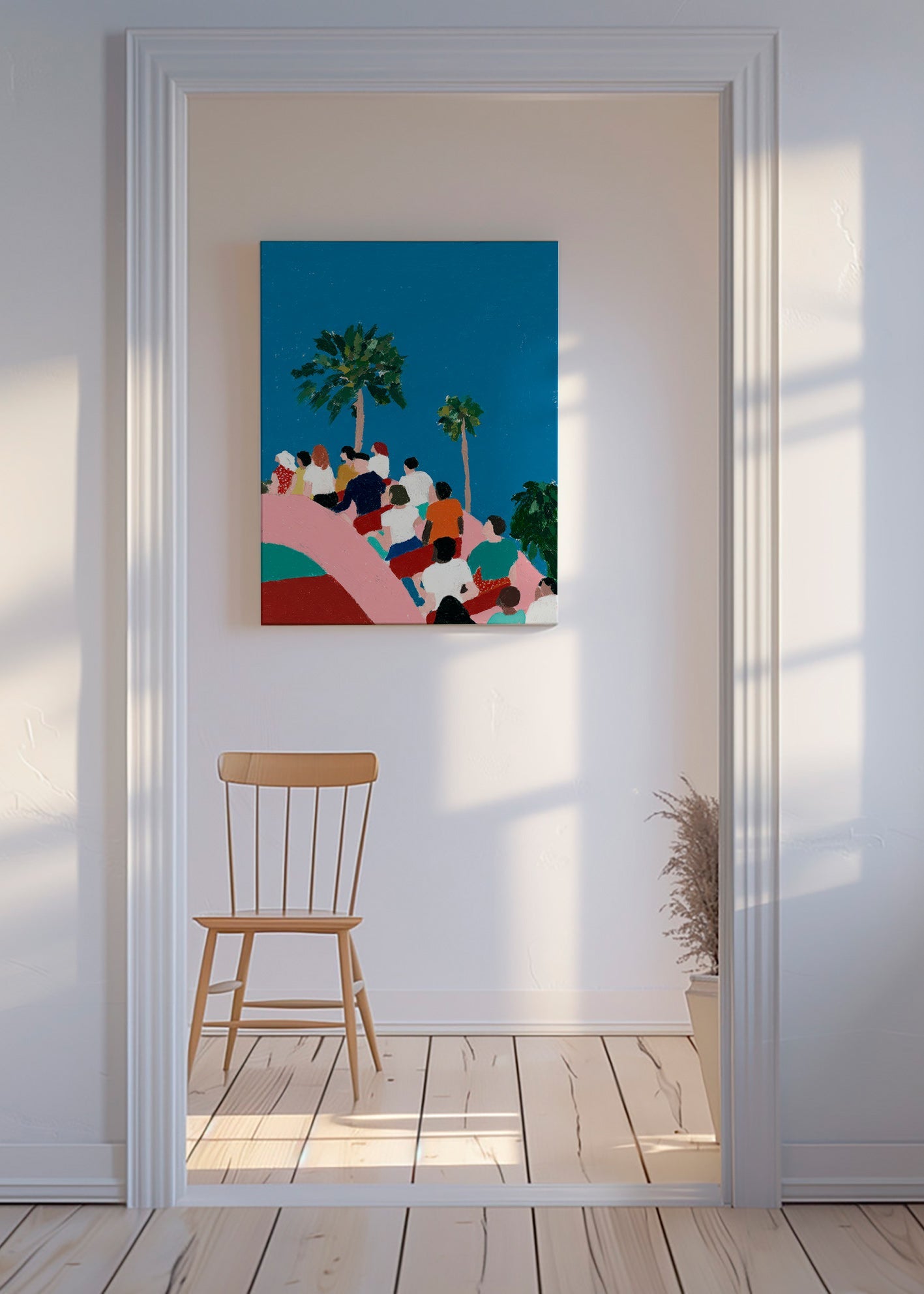 Ilustración de gente en atracción con palmeras – Canvas