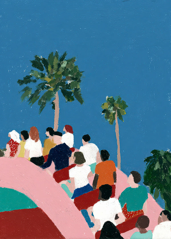 Ilustración de gente en atracción con palmeras