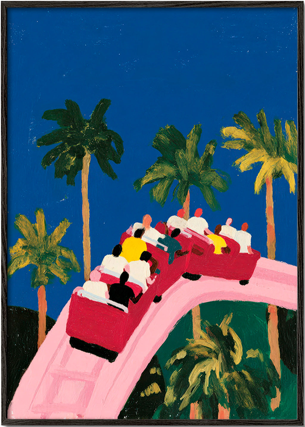 Lámina botánica con palmeras y montaña rusa rosa – Black Frame