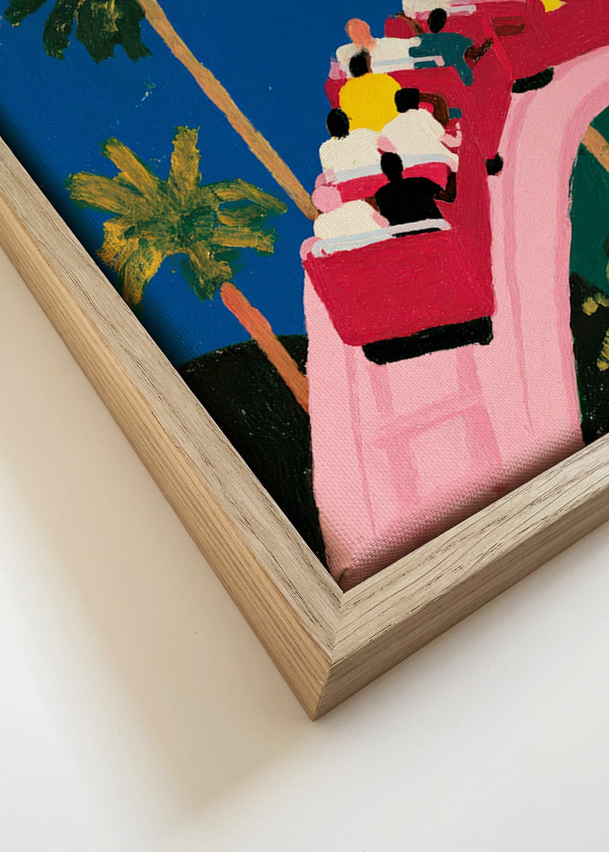 Lámina botánica con palmeras y montaña rusa rosa – Canvas detail