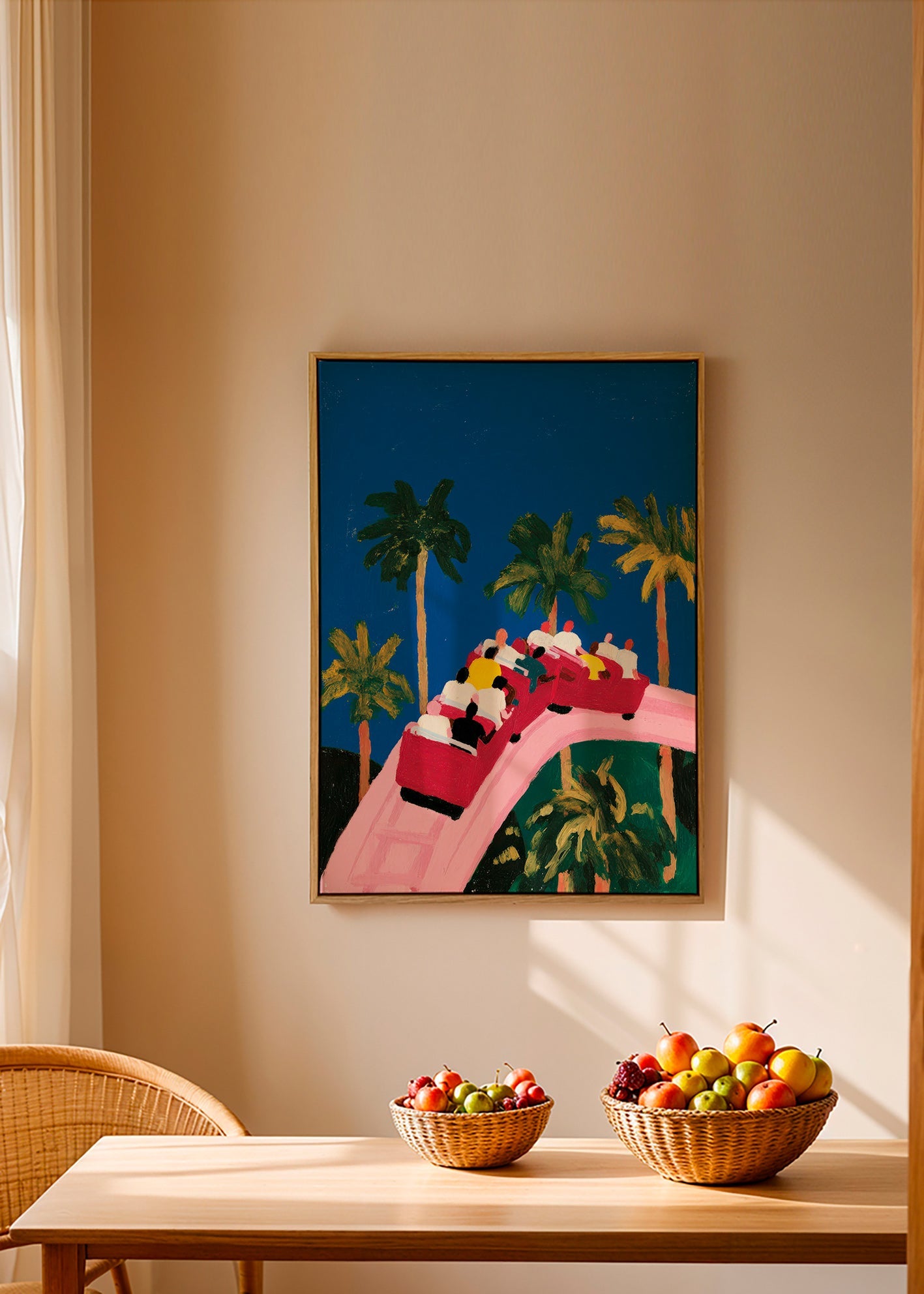Lámina botánica con palmeras y montaña rusa rosa – Canvas1