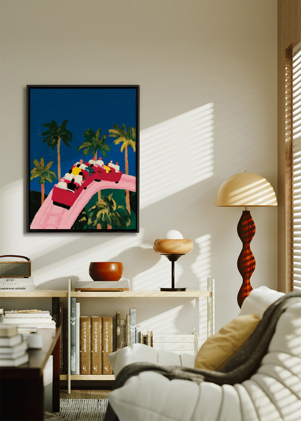 Lámina botánica con palmeras y montaña rusa rosa – Canvas2