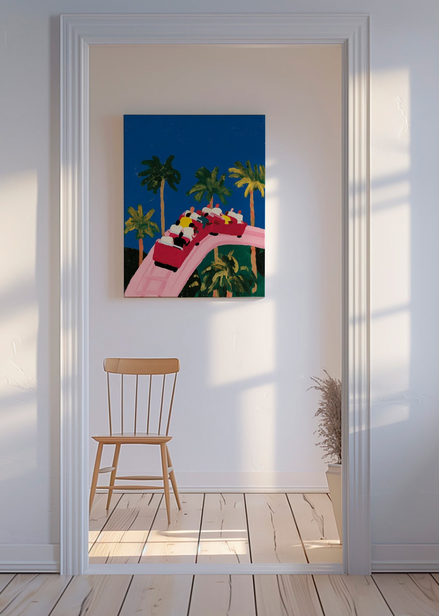 Lámina botánica con palmeras y montaña rusa rosa – Canvas