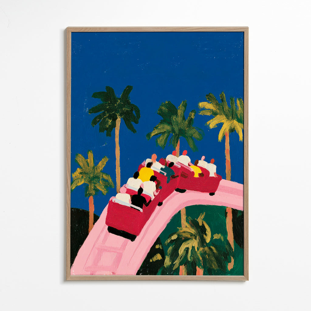 Lámina botánica con palmeras y montaña rusa rosa – Oak Frame