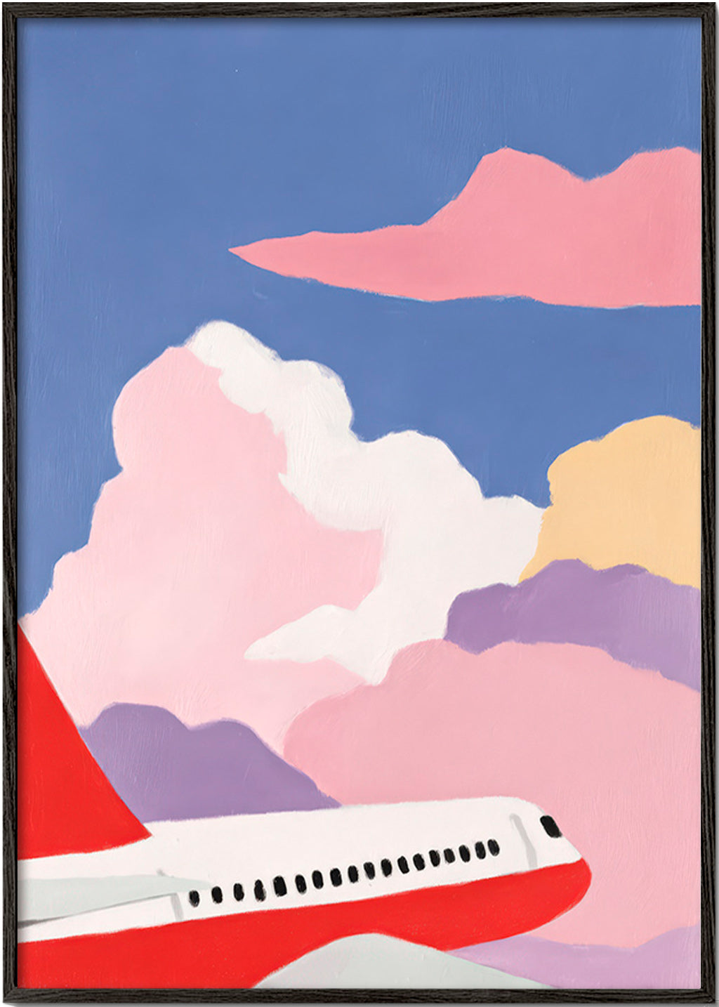 Ilustración de avión entre nubes rosas – Black Frame