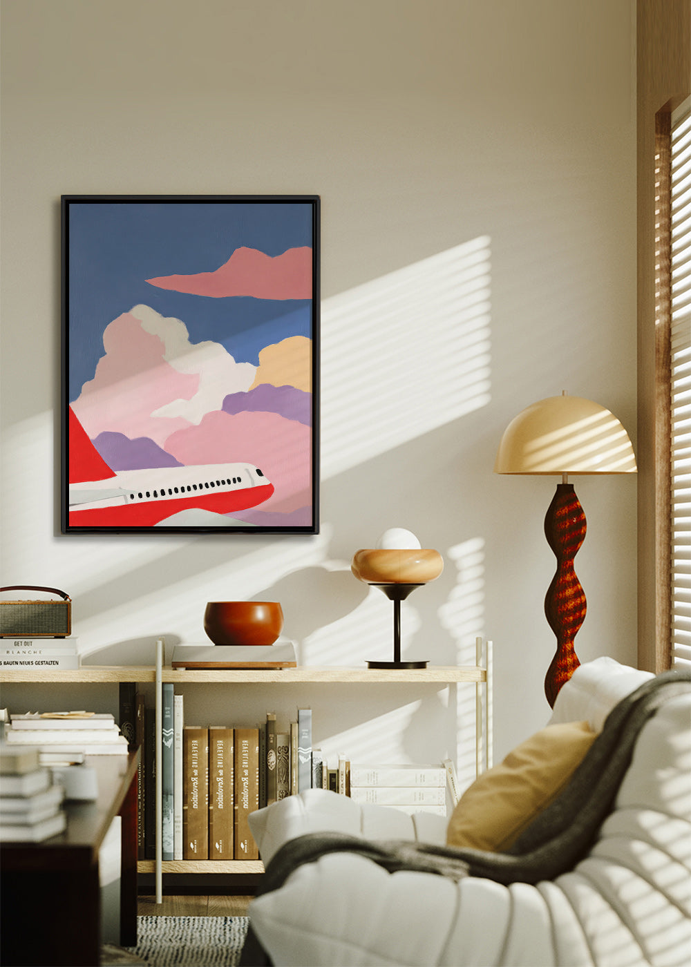 Ilustración de avión entre nubes rosas – Canvas1