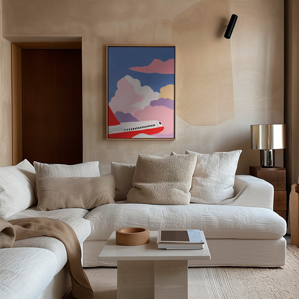 Ilustración de avión entre nubes rosas – Canvas2