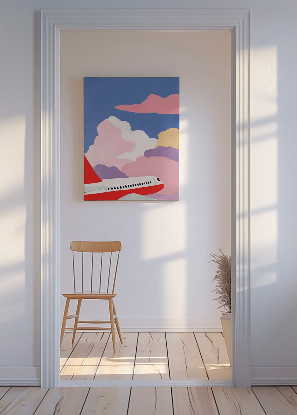 Ilustración de avión entre nubes rosas – Canvas