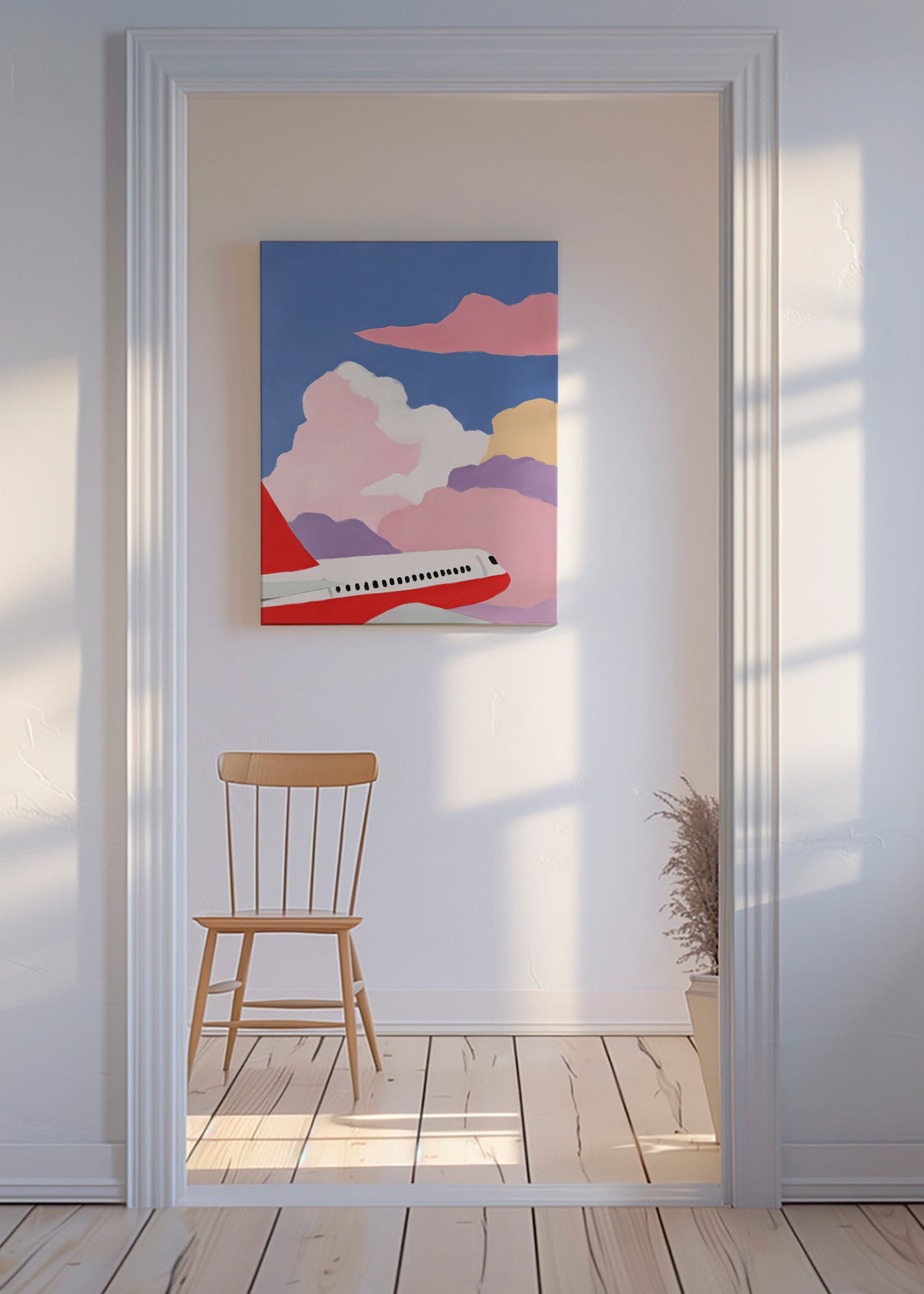 Ilustración de avión entre nubes rosas – Canvas