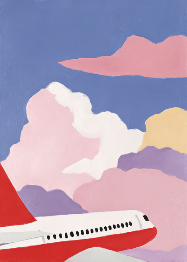 Ilustración de avión entre nubes rosas