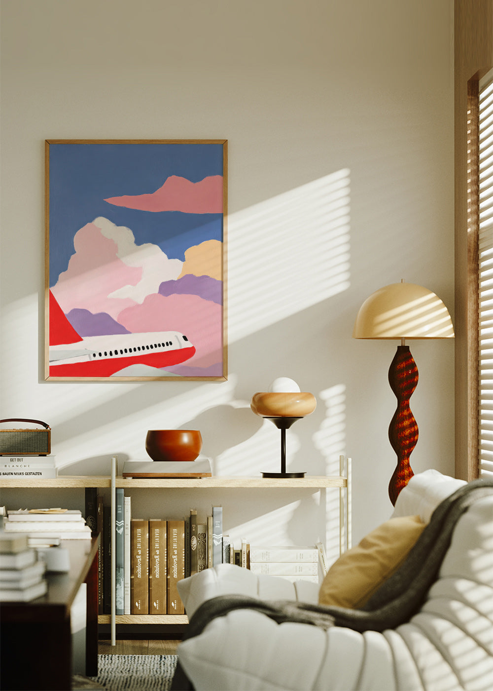 Ilustración de avión entre nubes rosas – Product1