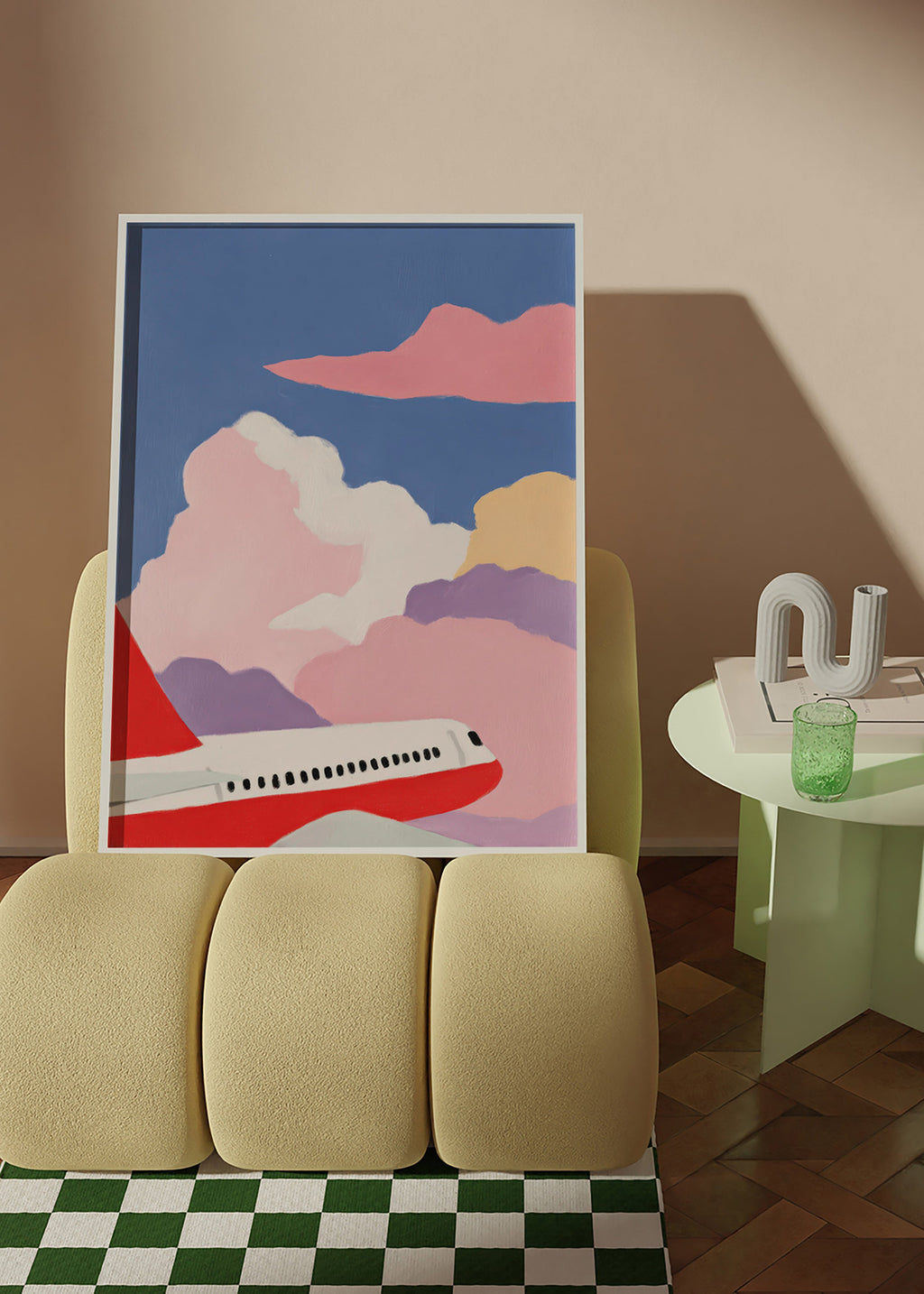 Ilustración de avión entre nubes rosas – Product2