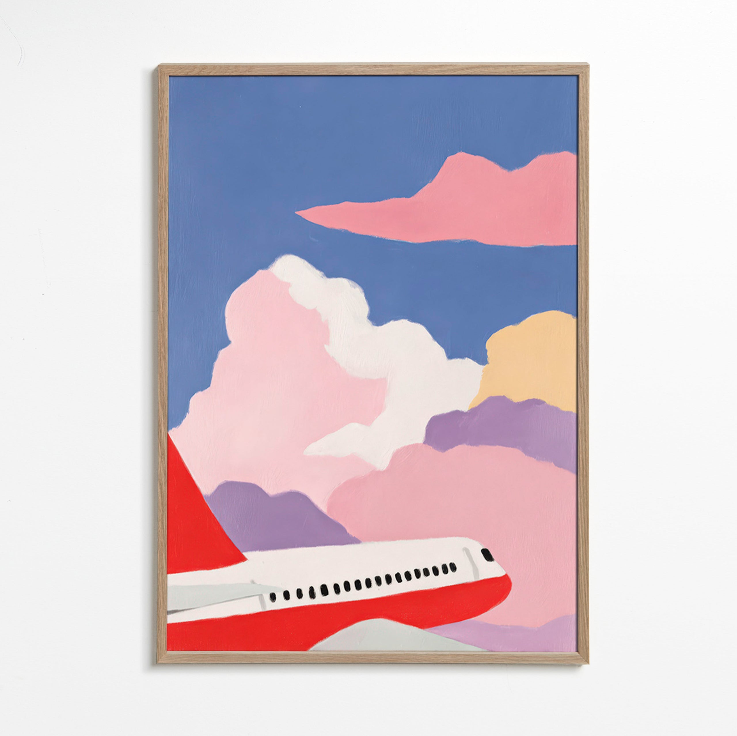Ilustración de avión entre nubes rosas – Oak Frame