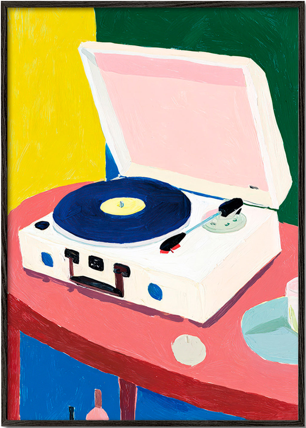 Ilustración: tocadiscos retro sobre mesa rosa – Black Frame