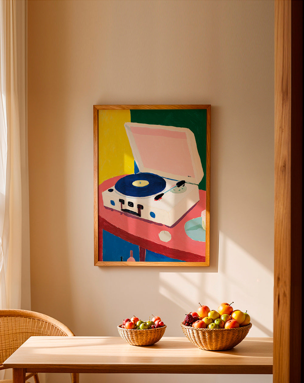 Ilustración: tocadiscos retro sobre mesa rosa – Product1