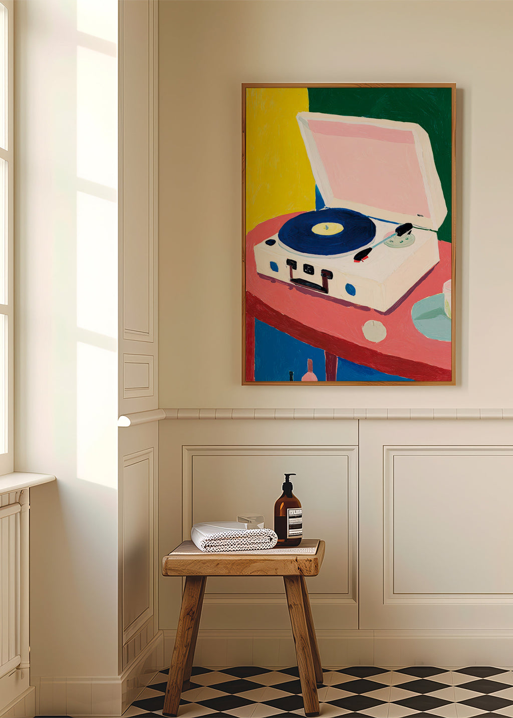 Ilustración: tocadiscos retro sobre mesa rosa – Product3
