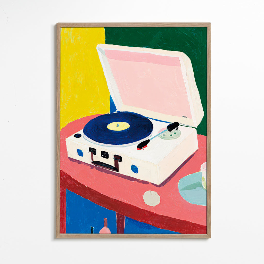 Ilustración: tocadiscos retro sobre mesa rosa – Oak Frame