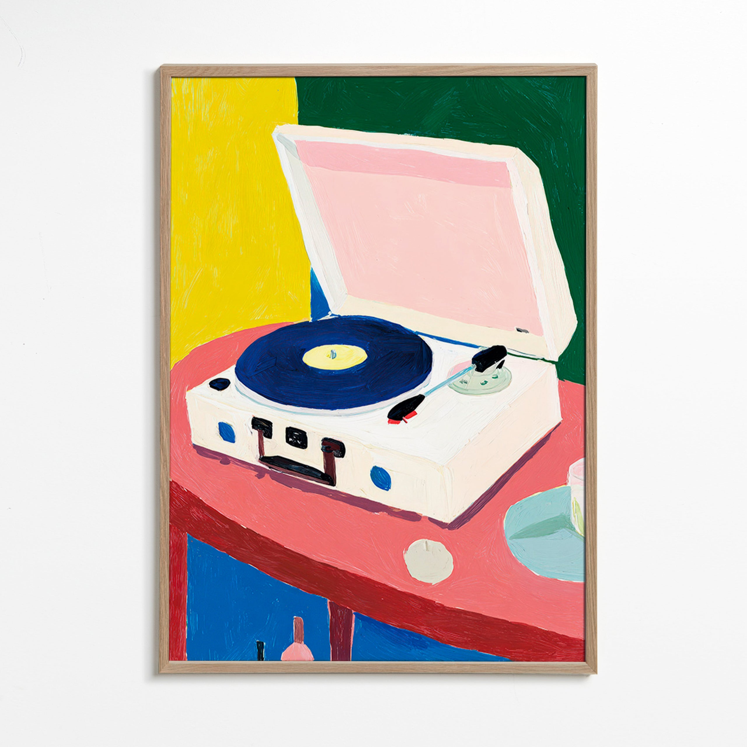 Ilustración: tocadiscos retro sobre mesa rosa – Oak Frame