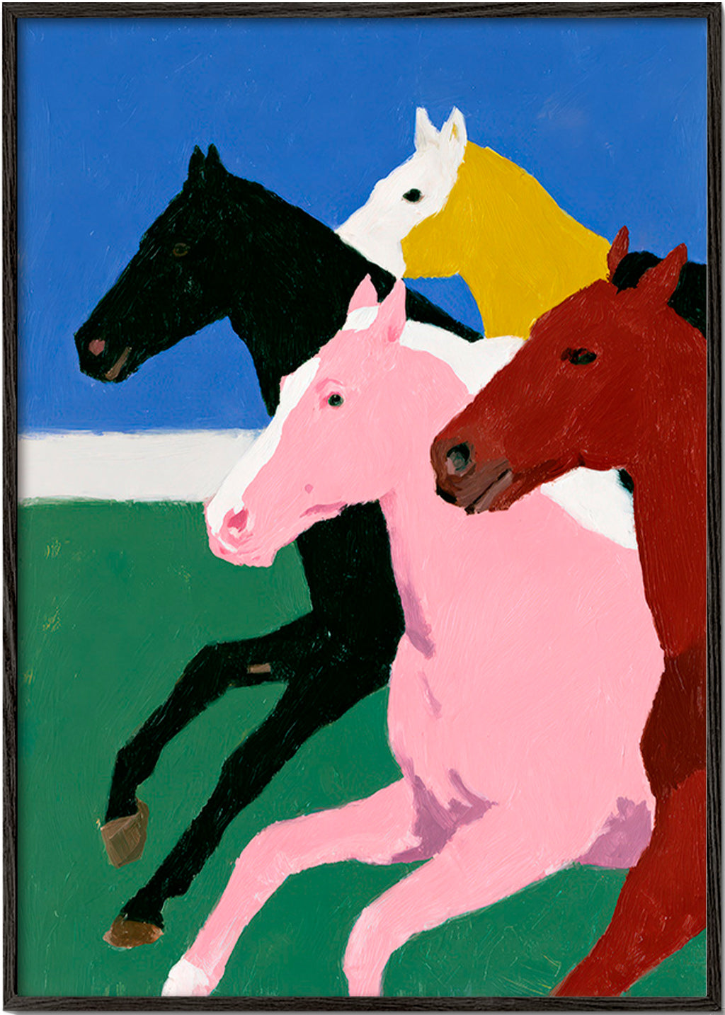 Cuadro con cuatro caballos en carrera y paleta plana – Black Frame
