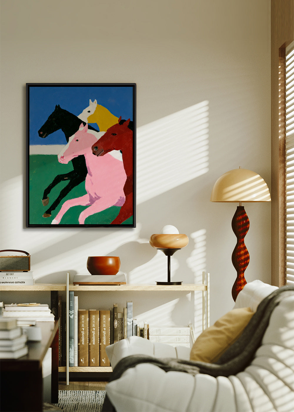 Cuadro con cuatro caballos en carrera y paleta plana – Canvas1