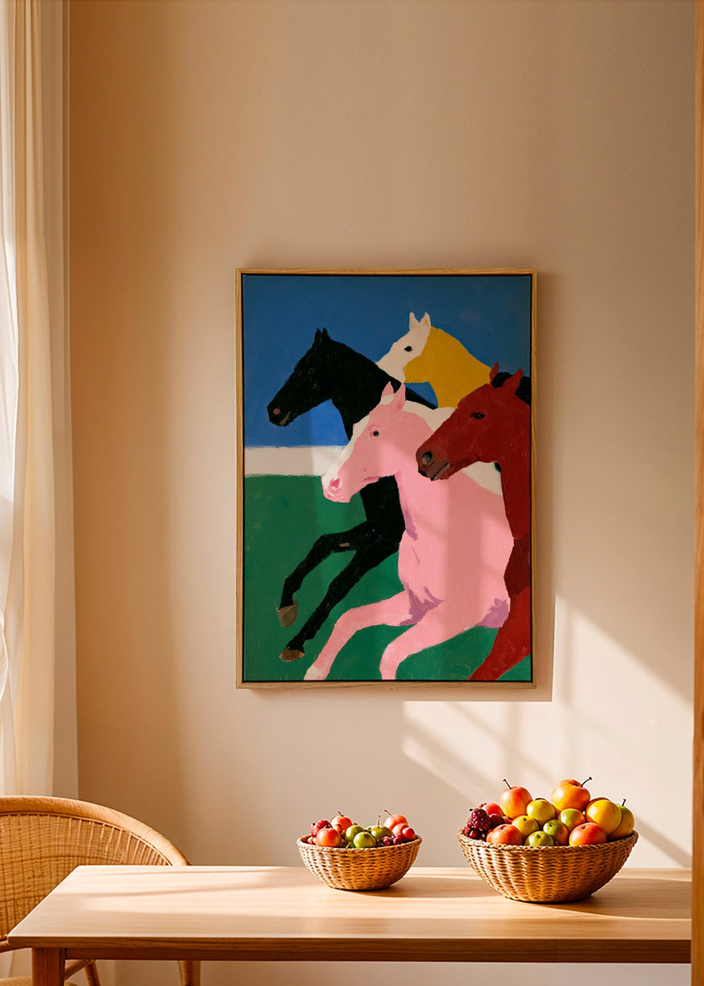 Cuadro con cuatro caballos en carrera y paleta plana – Canvas2