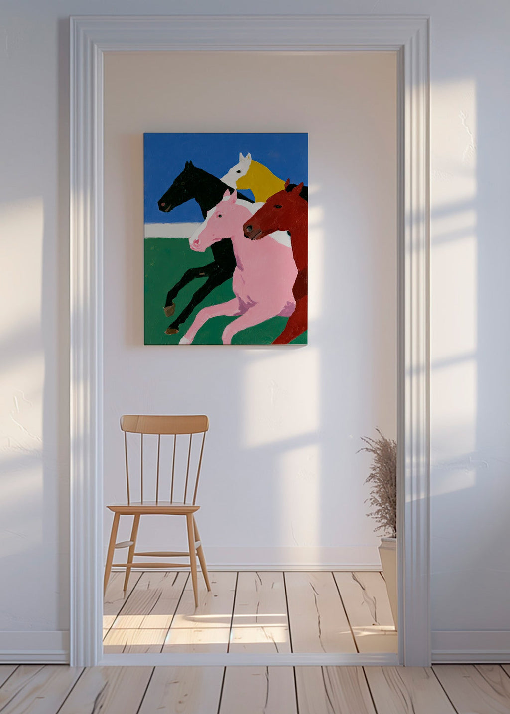 Cuadro con cuatro caballos en carrera y paleta plana – Canvas