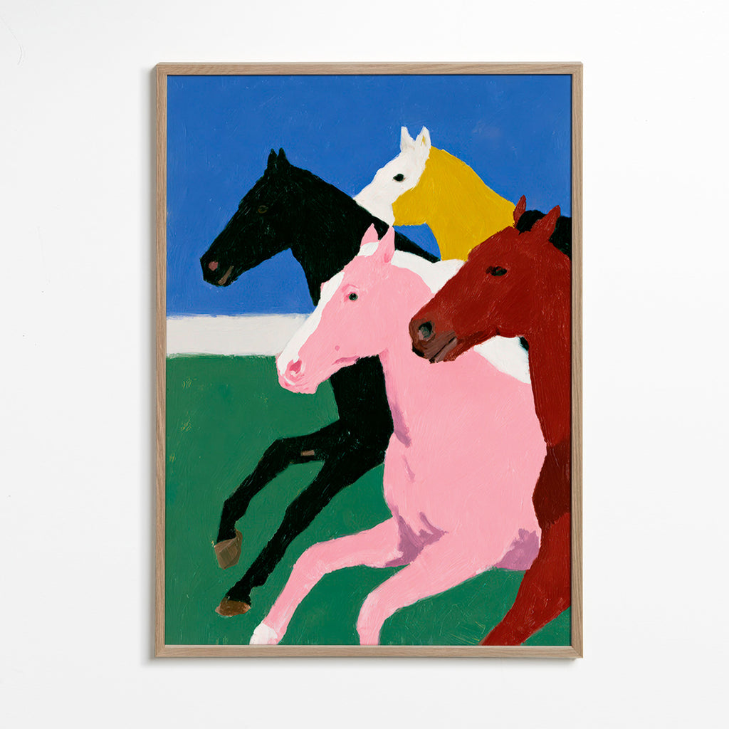 Cuadro con cuatro caballos en carrera y paleta plana – Oak Frame